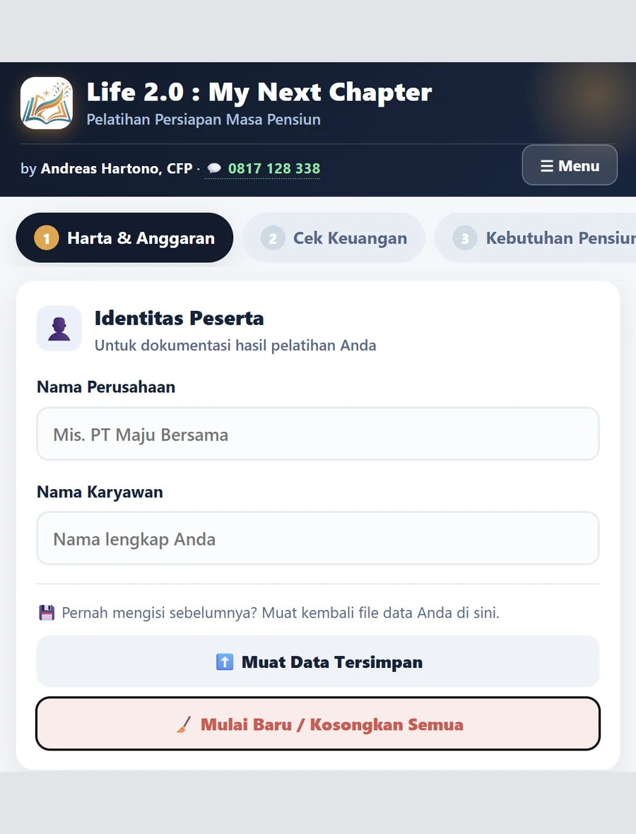 Tangkapan layar kalkulator persiapan pensiun &mdash; Harta & anggaran