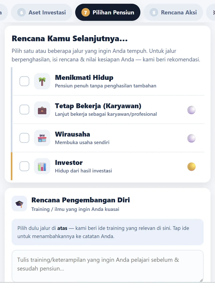 Tangkapan layar kalkulator persiapan pensiun &mdash; Pilihan jalan pensiun