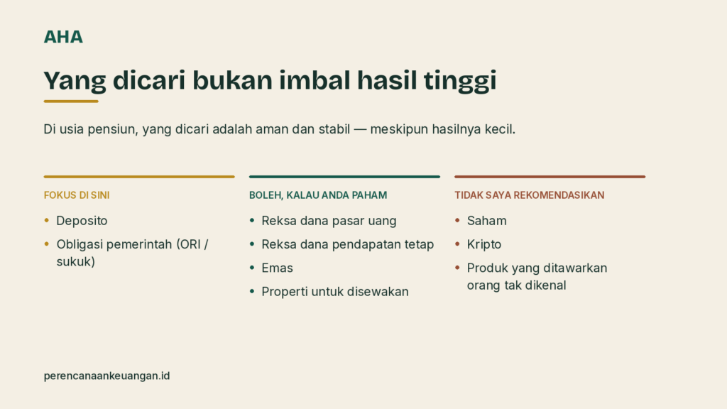 Peta instrumen penempatan uang pensiun: deposito dan obligasi pemerintah sebagai fokus, reksa dana dan emas bersyarat, saham tidak direkomendasikan