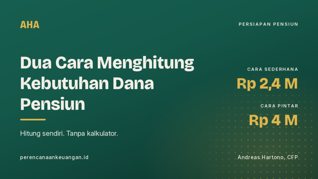 Ilustrasi judul artikel dua cara menghitung kebutuhan dana pensiun, hasil Rp 2,4 miliar dan Rp 4 miliar